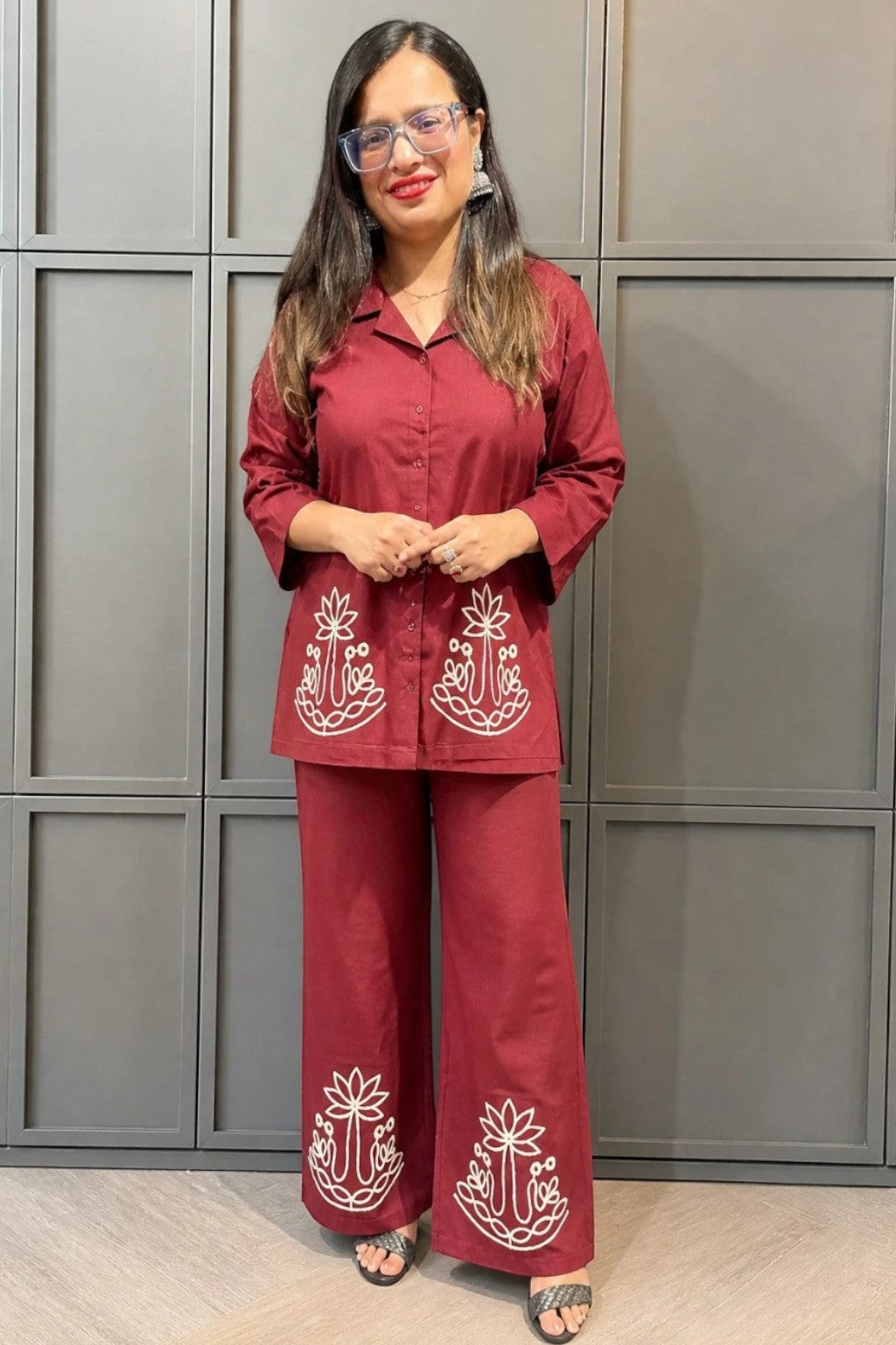 Night Suits By Aaka maroon cotton hosiery coordset with white thread work, front open shirt, and wide-leg palazzo.