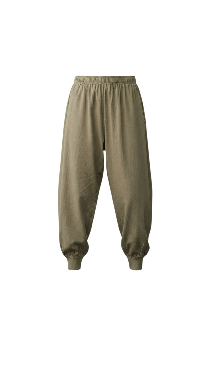 Night Suits By Aaka beige cotton hosiery harem pants with an elastic drawstring waistband and cuffed ankles.