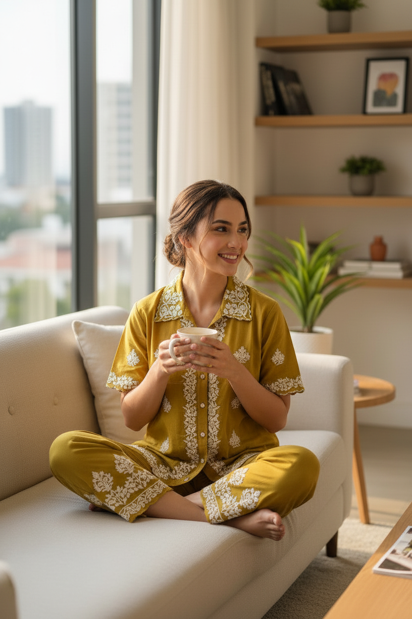 Woman wearing mustard embroidered co-ord set sitting on sofa with tea cup, lifestyle shot