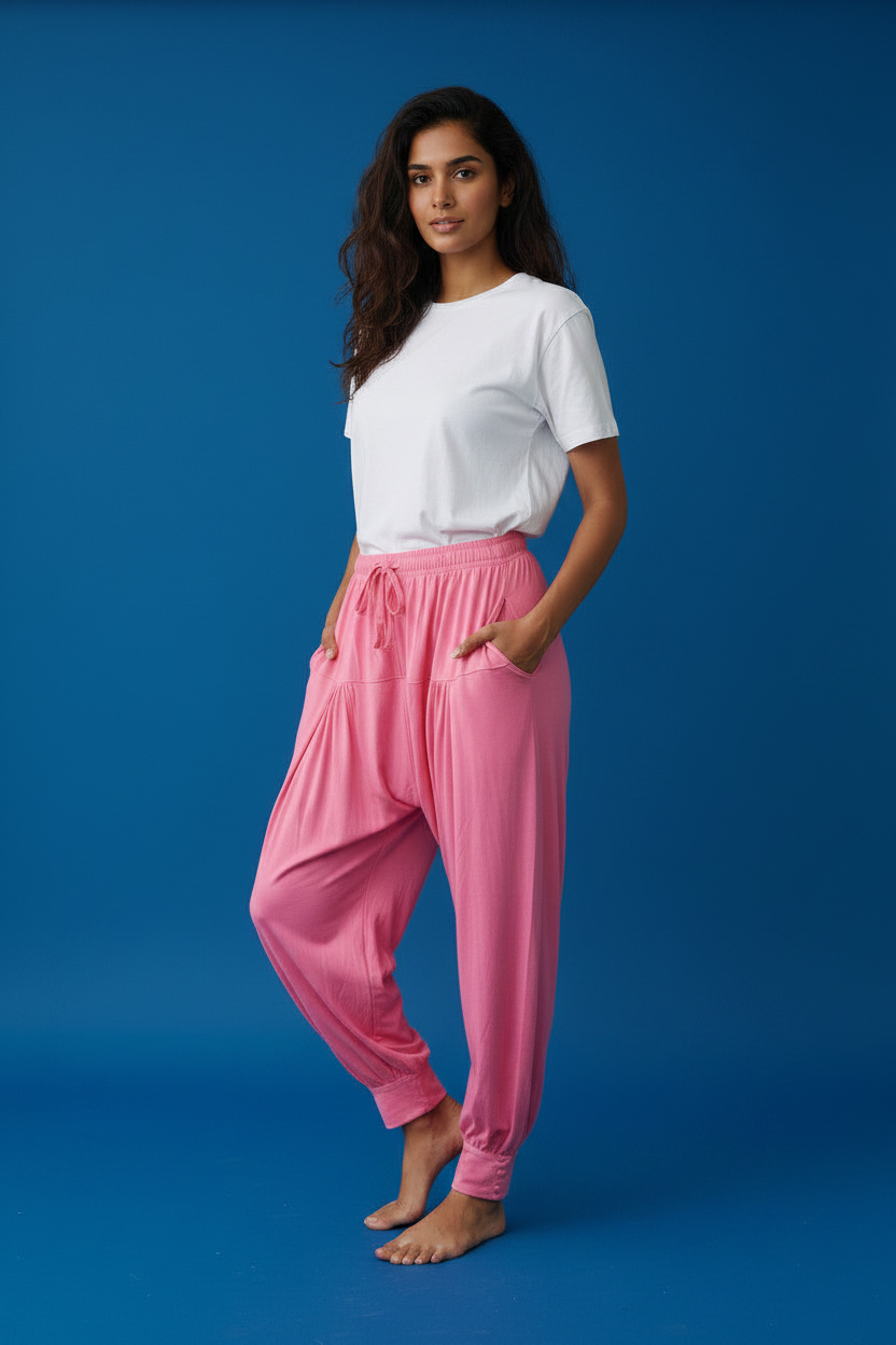 Woman wearing pink cotton harem pants with white t-shirt, alternate studio pose