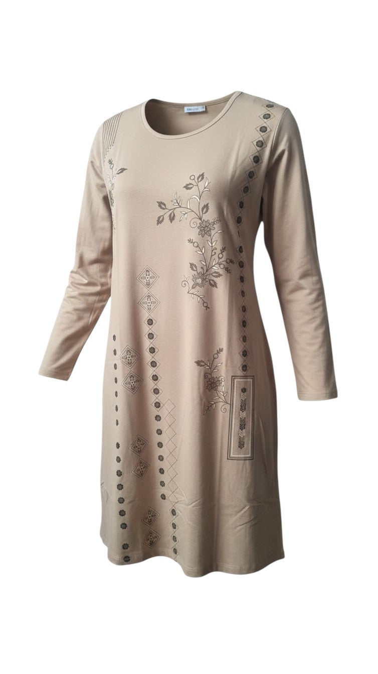 Night Suits By Aaka beige long sleeve tunic with floral and geometric print in a soft cotton-blend fabric
