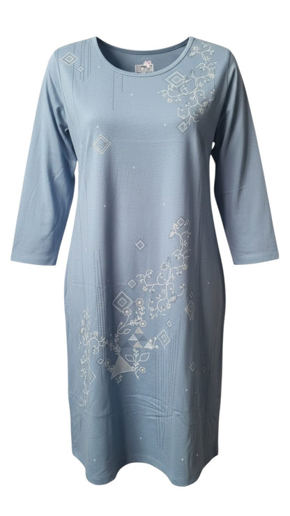 Night Suits By Aaka blue long-sleeve tunic with white geometric and floral embroidery on soft breathable fabric