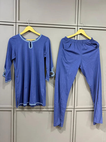 Night Suits By Aaka deep blue two-piece loungewear set with wave embroidery, scoop neck, and cut-out sleeve details.