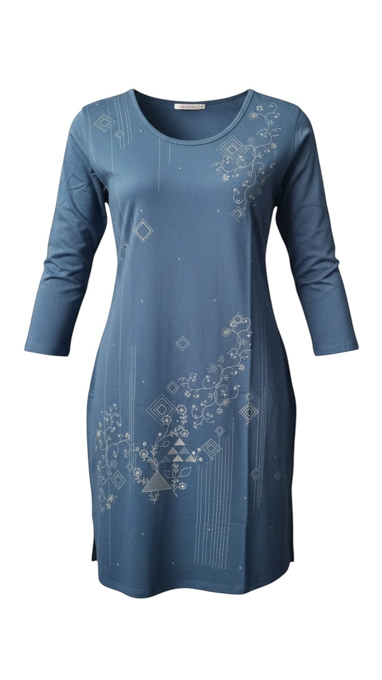 Night Suits By Aaka blue long-sleeve cotton tunic with white floral and geometric line-art print and scoop neckline.