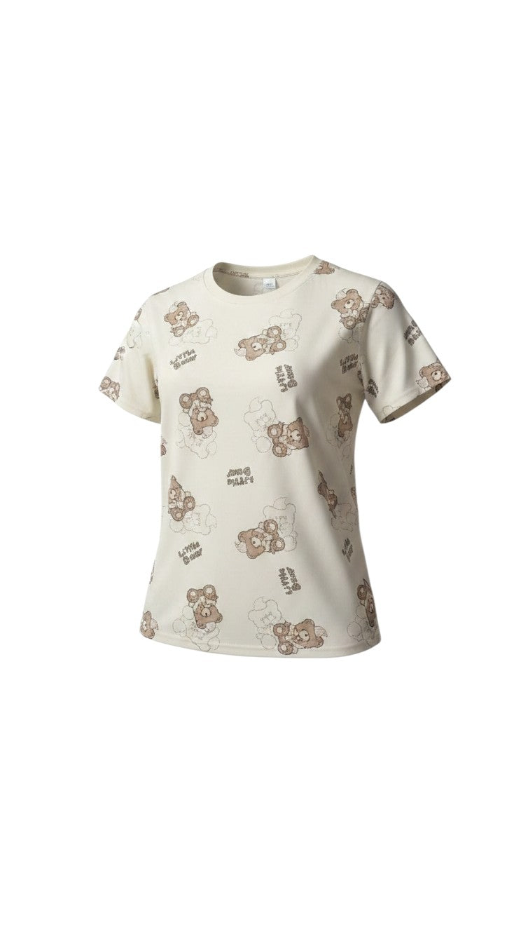 Night Suits By Aaka cream short-sleeved crew neck pajama top with a whimsical brown little bear print pattern