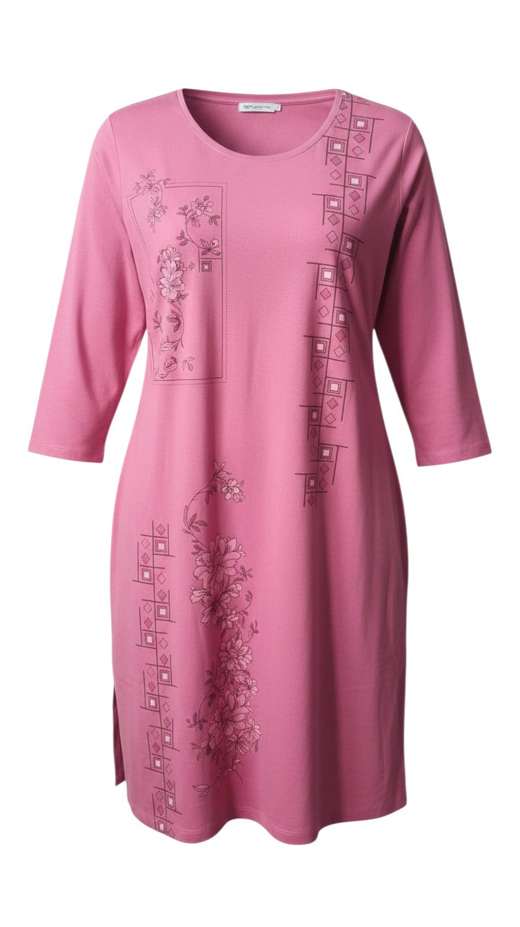 Night Suits By Aaka dusty rose long-sleeve tunic with floral and geometric print in a soft cotton-blend fabric