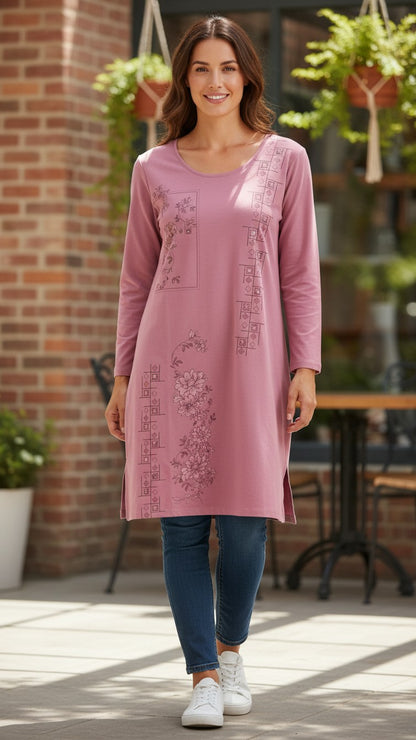 Night Suits By Aaka dusty rose long-sleeve tunic with floral and geometric print, worn by a smiling woman outdoors.