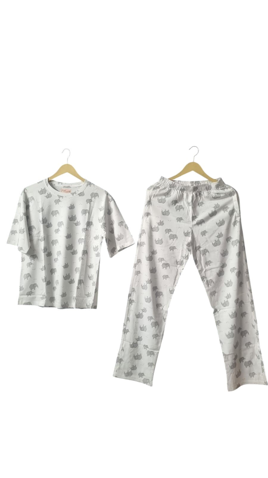 Night Suits By Aaka two-piece white cotton loungewear set with a playful grey elephant print and elasticated trousers.