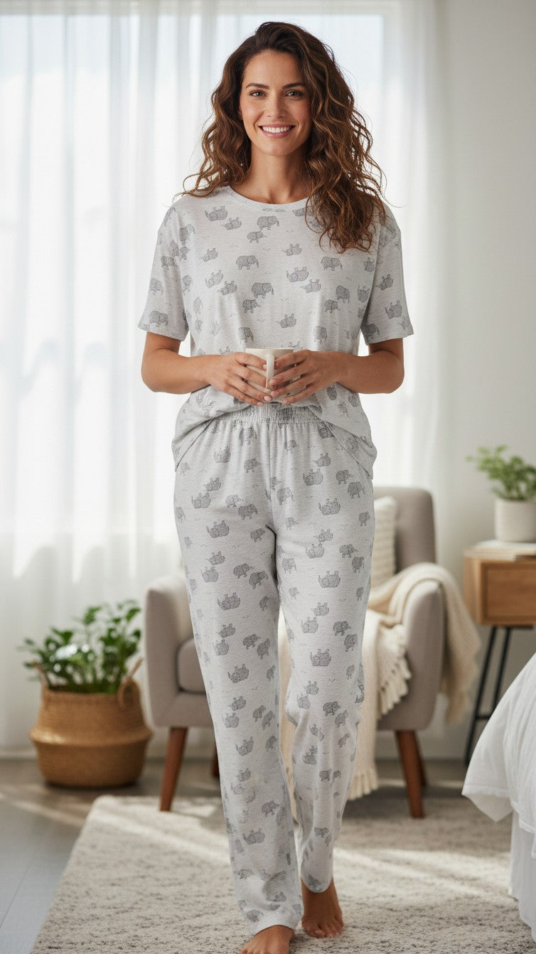 Woman wearing a Night Suits By Aaka grey elephant print cotton pajama set with a crew neck top and elastic trousers.