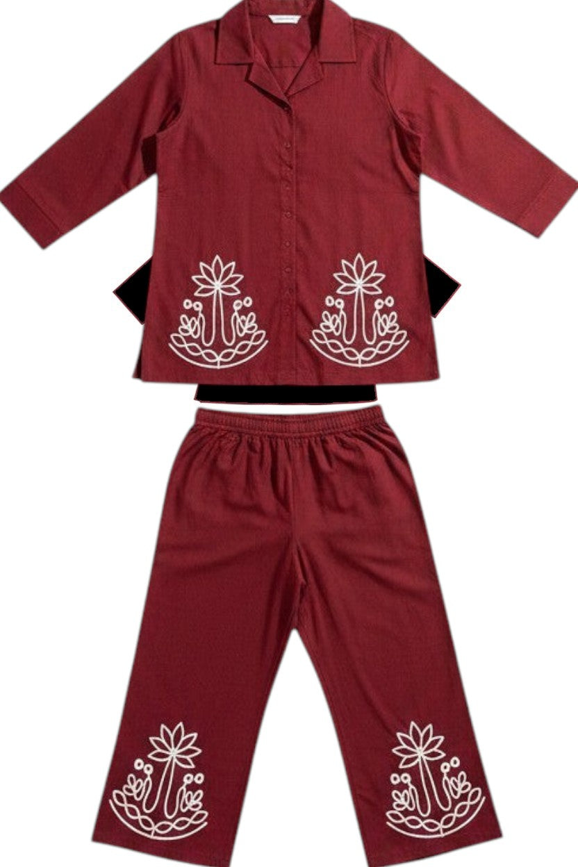 Night Suits By Aaka maroon cotton hosiery coordset featuring a front-open shirt and palazzo with white thread work.