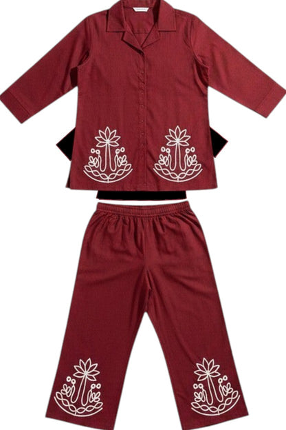 Night Suits By Aaka maroon cotton hosiery coordset featuring a front-open shirt and palazzo with white thread work.
