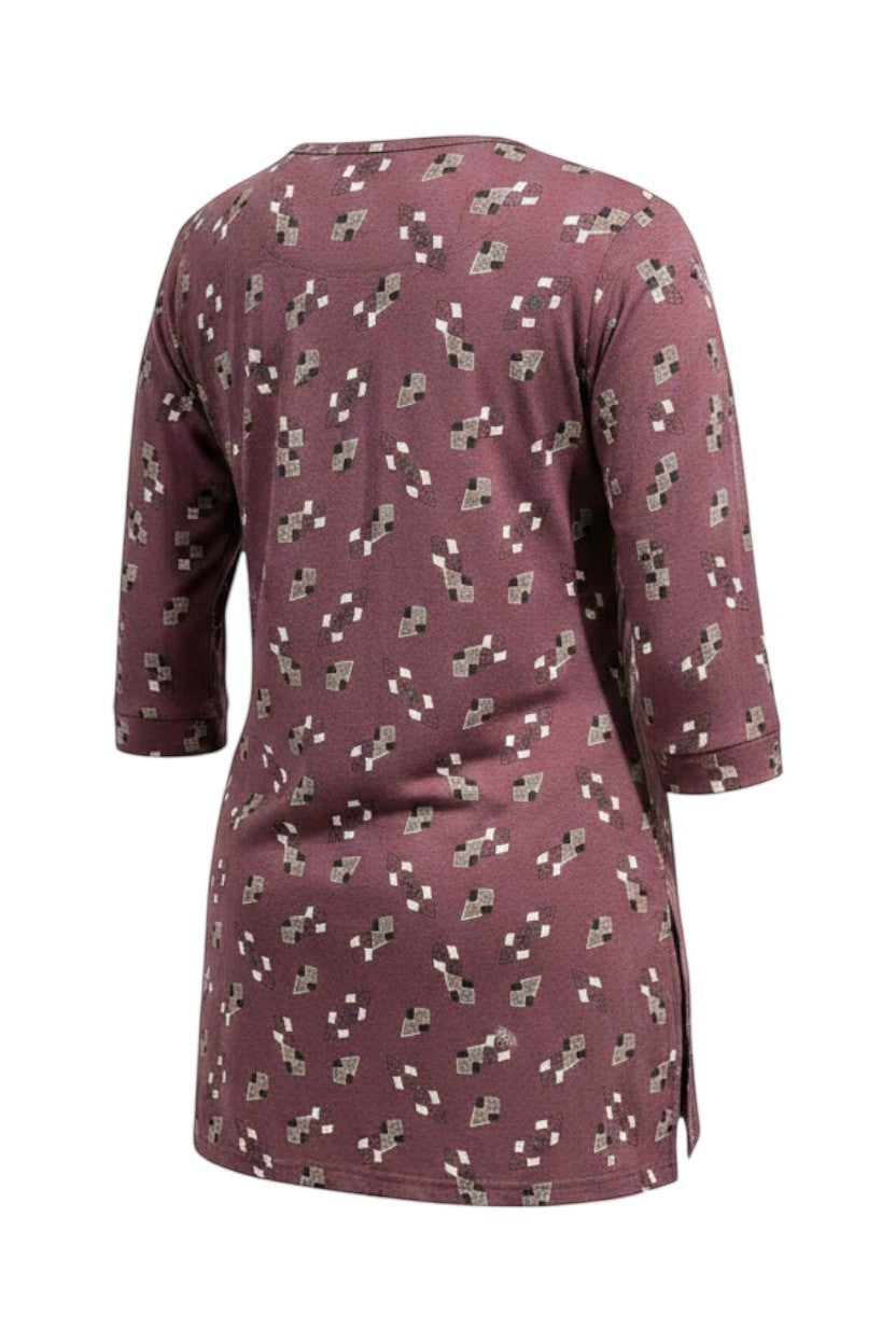 Back view of Night Suits By Aaka maroon kurta-style night suit with geometric print and three-quarter sleeves.