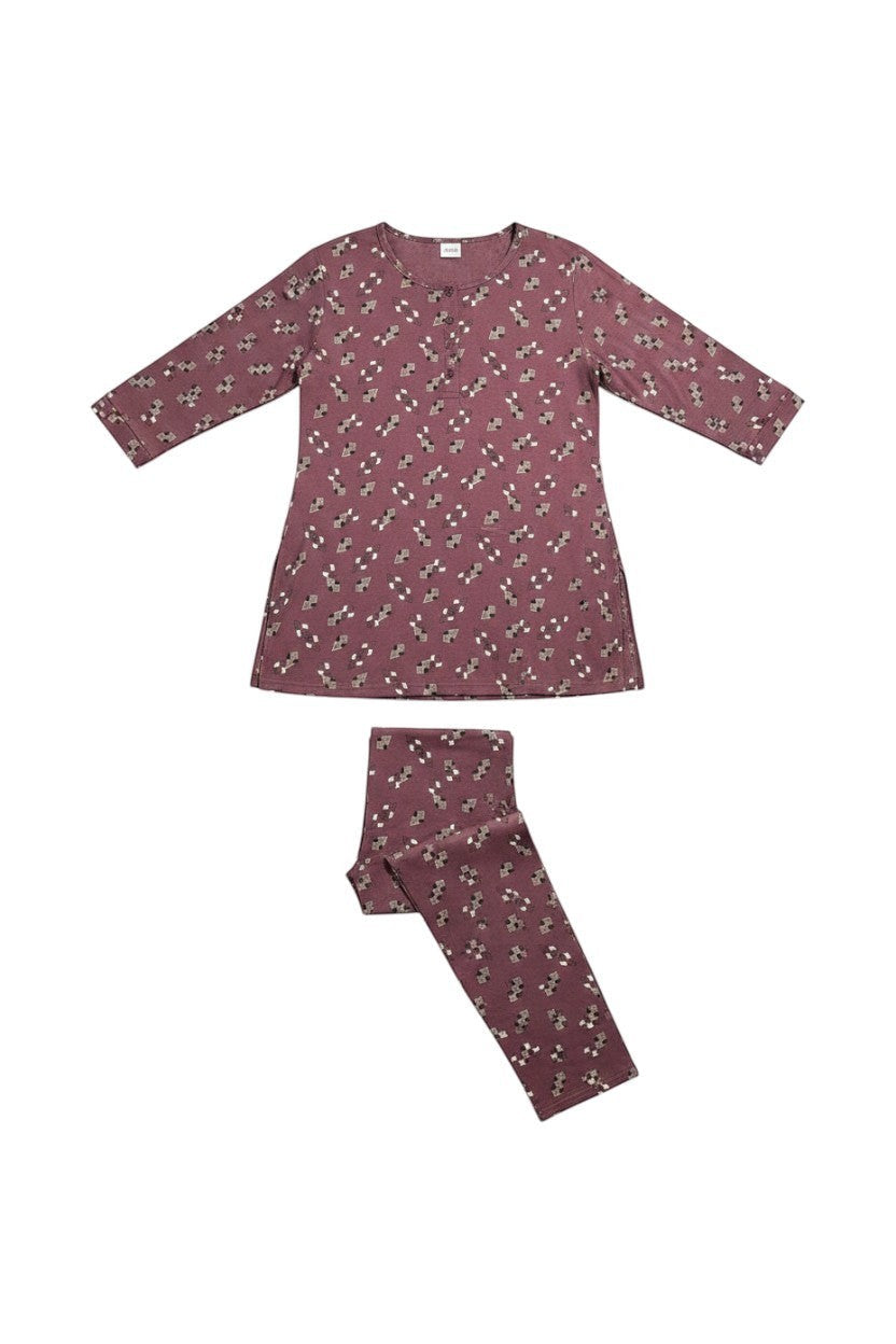 Night Suits By Aaka maroon malai kurta style night suit with a geometric print, long top, and matching leggings.