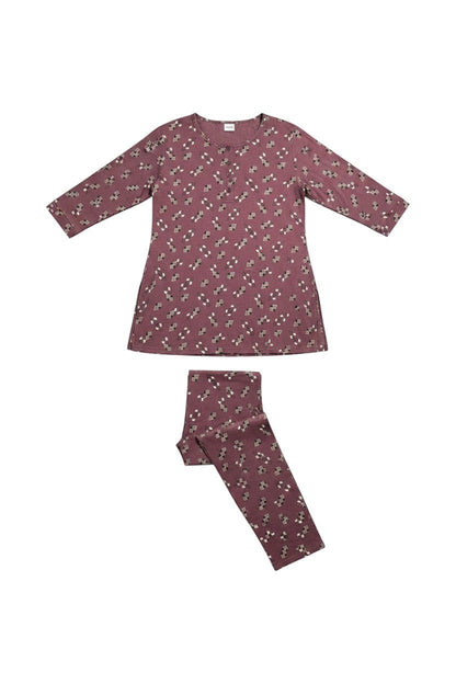 Night Suits By Aaka maroon malai kurta style night suit with a geometric print, long top, and matching leggings.