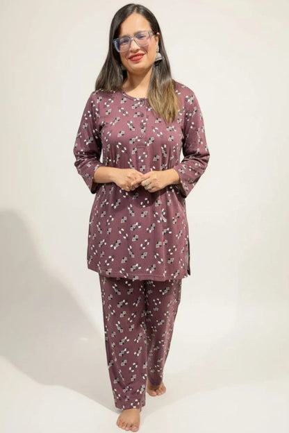 Night Suits By Aaka maroon kurta style night suit with geometric print, featuring side slits and soft malai fabric.