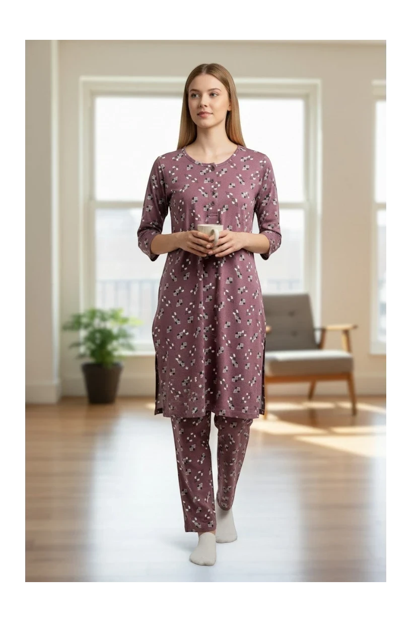 Night Suits By Aaka mauve kurta style night suit with floral print, side slits, and matching trousers on a model