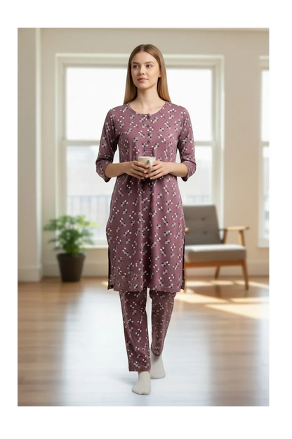 Night Suits By Aaka mauve kurta style night suit with floral print, side slits, and matching trousers on a model