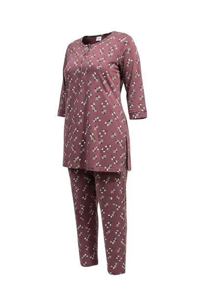 Night Suits By Aaka mauve kurta style night suit in soft malai fabric with a geometric print and side slits