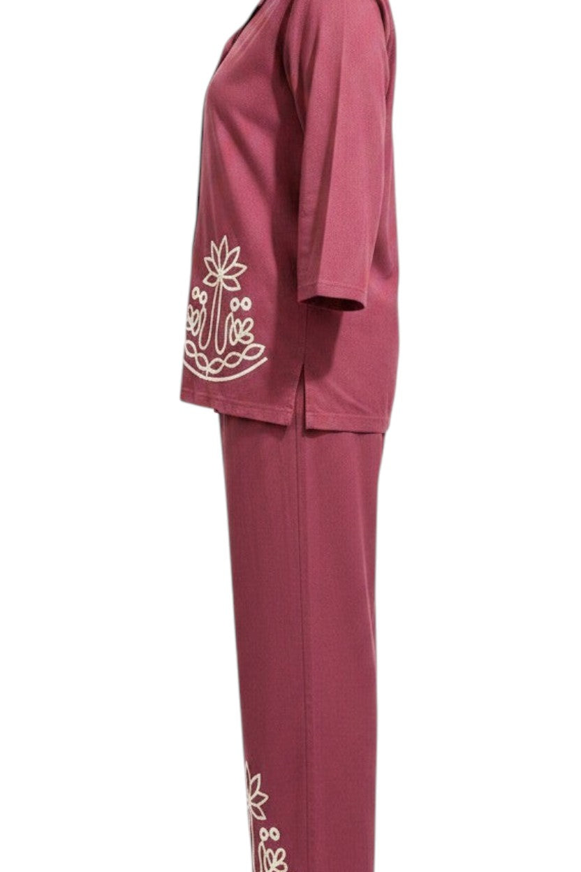 Night Suits By Aaka mauve pink cotton hosiery coordset with side view of button-down shirt and palazzo with thread work