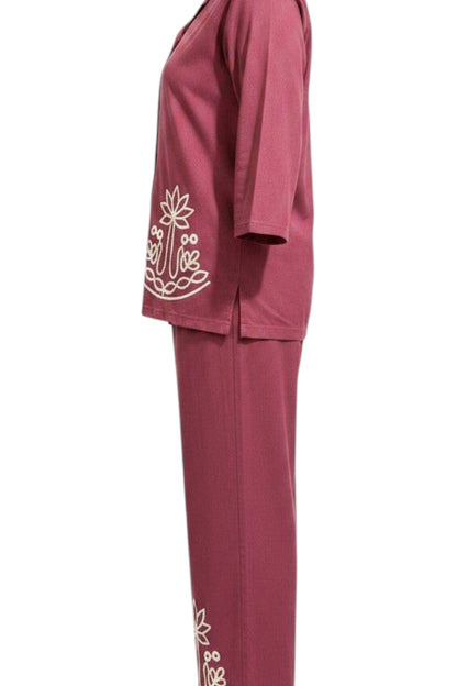 Night Suits By Aaka mauve pink cotton hosiery coordset with side view of button-down shirt and palazzo with thread work