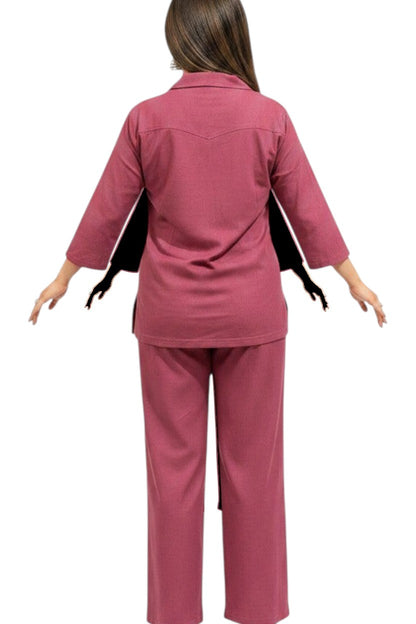Back view of a woman wearing a mauve pink Night Suits By Aaka cotton hosiery coordset with a relaxed shirt and palazzo