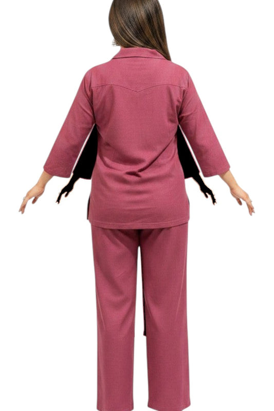 Back view of a woman wearing a mauve pink Night Suits By Aaka cotton hosiery coordset with a relaxed shirt and palazzo