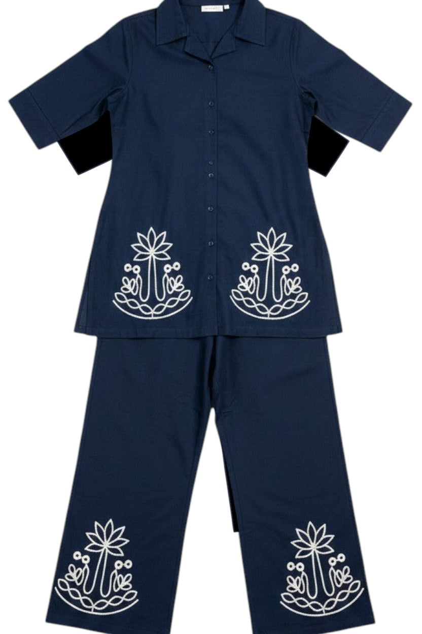 Night Suits By Aaka navy blue cotton hosiery coordset with white thread work on the front open shirt and palazzo pants