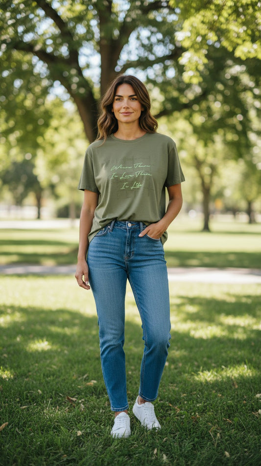 Night Suits By Aaka olive green graphic t-shirt worn with blue jeans and white sneakers in a park setting
