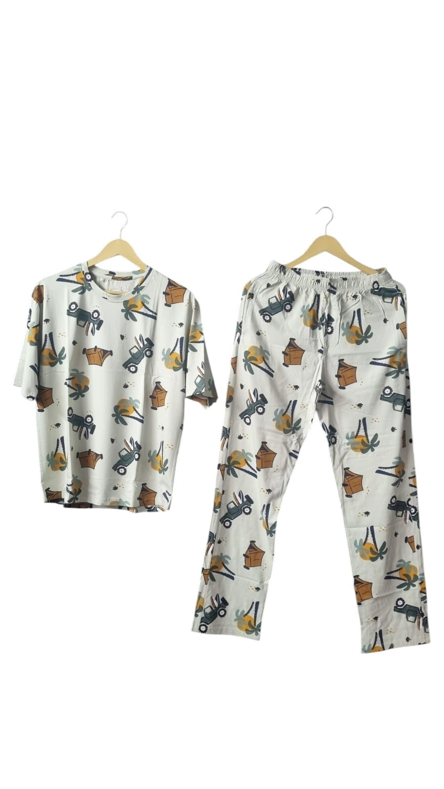 Night Suits By Aaka printed loungewear set with off-road vehicle and palm tree pattern in green, brown, and yellow.