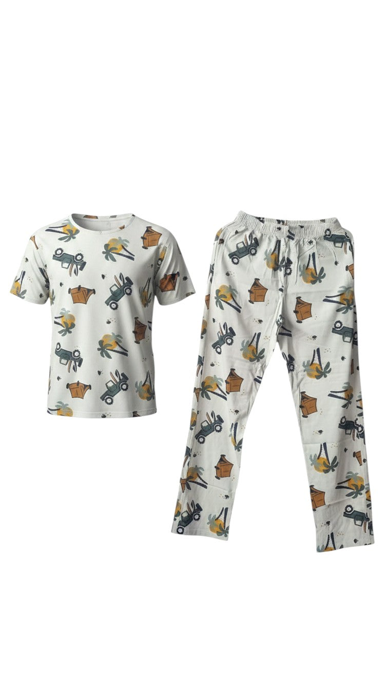 Night Suits By Aaka printed two-piece pajama set with off-road vehicle and palm tree pattern in green and brown.