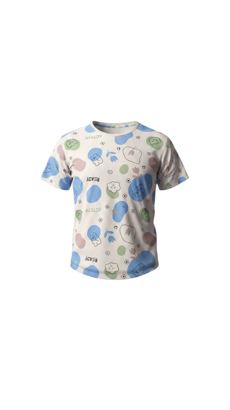 Night Suits By Aaka short-sleeve pajama top in cream with pastel circles, character icons, and READY typography print