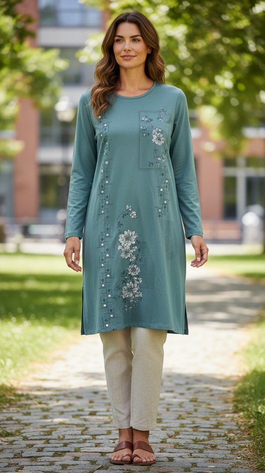 Night Suits By Aaka sage green long-sleeve tunic with floral and geometric prints worn by a woman outdoors