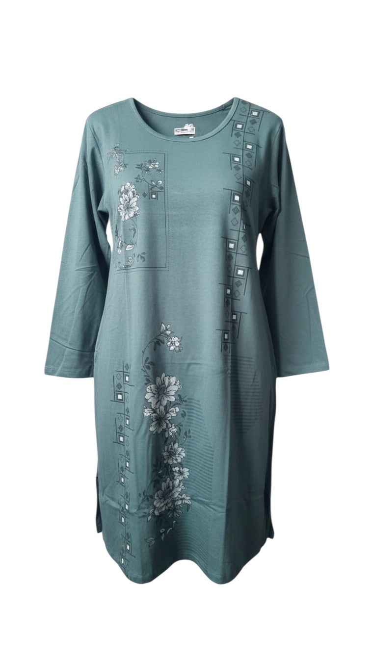 Night Suits By Aaka sage green long sleeve tunic with delicate floral print and geometric accents in a relaxed fit.