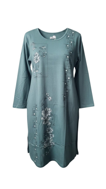 Night Suits By Aaka sage green long sleeve tunic with delicate floral print and geometric accents in a relaxed fit.