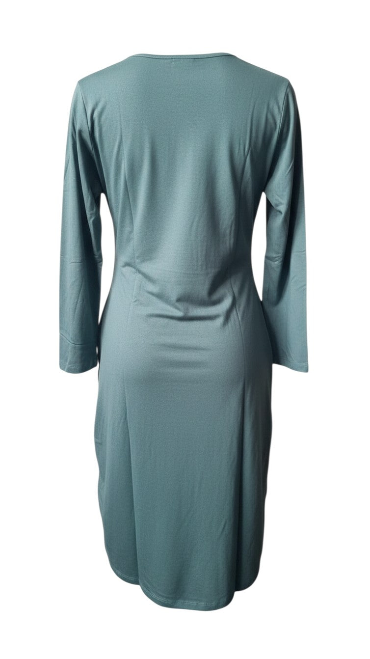 Back view of a Night Suits By Aaka sage green long-sleeve loungewear tunic with a relaxed fit and round neckline.