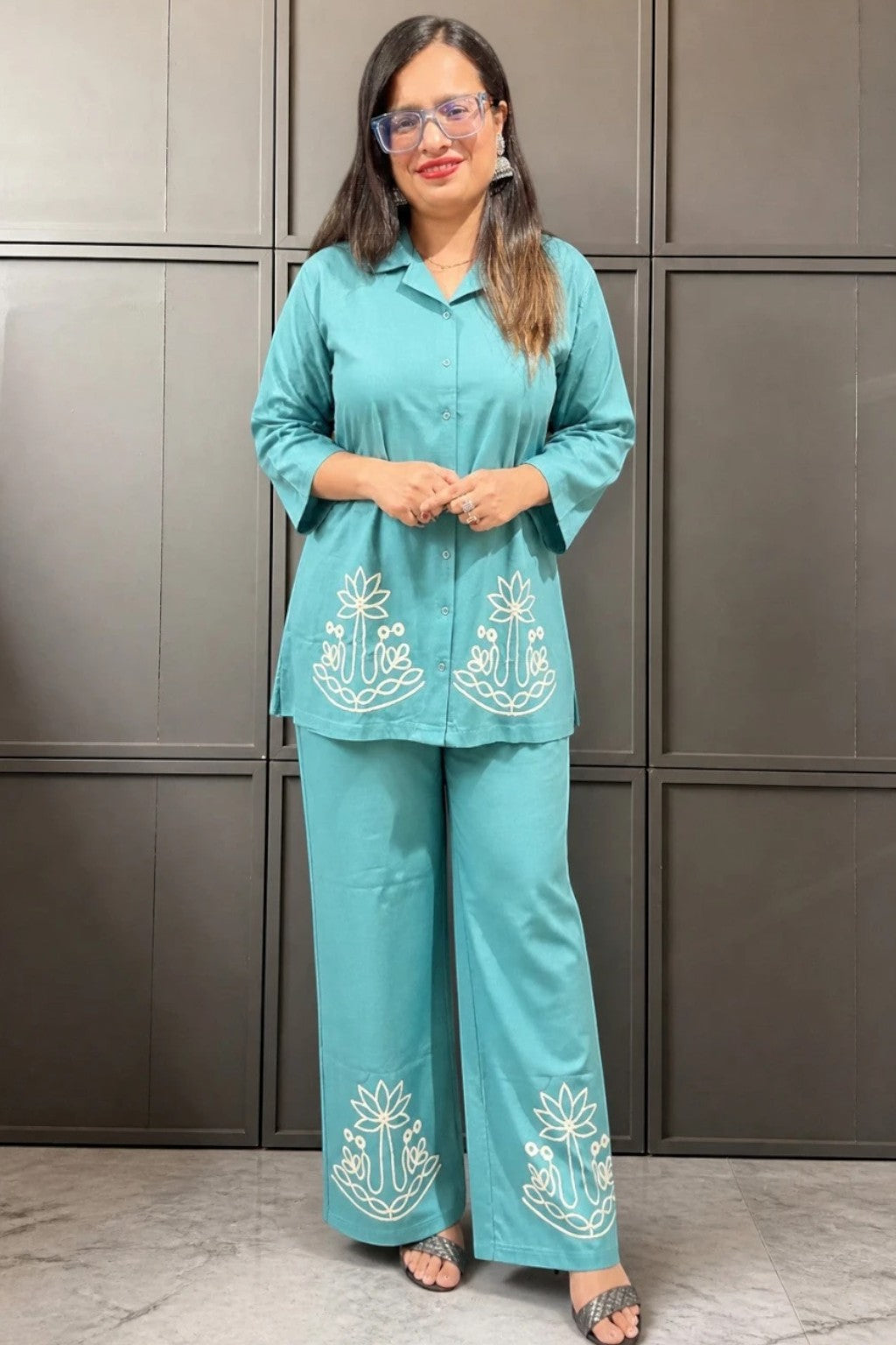 Night Suits By Aaka teal blue cotton hosiery coordset with white thread work, front open shirt, and palazzo pants.