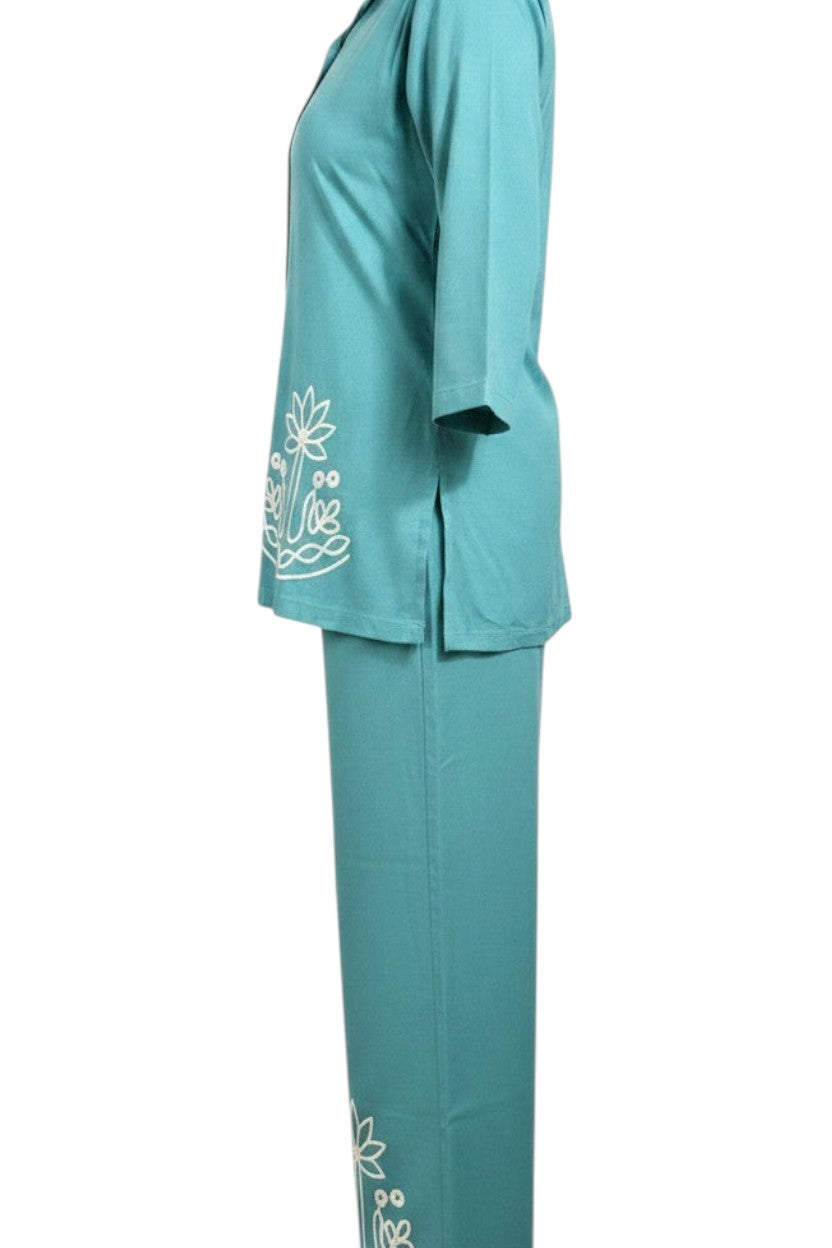 Night Suits By Aaka teal blue cotton hosiery coordset with side view of front open shirt and wide-leg palazzo pants.