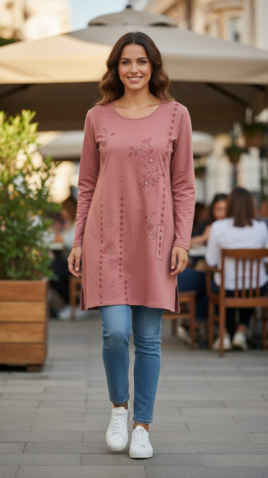 Night Suits By Aaka terracotta floral embroidered long-sleeve cotton-blend tunic worn with blue jeans and sneakers