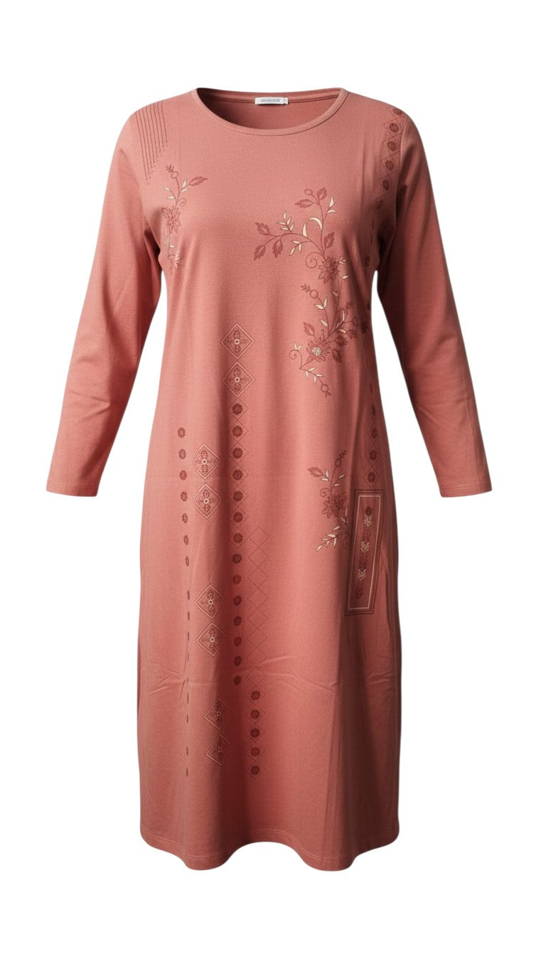 Night Suits By Aaka terracotta long-sleeve cotton-blend tunic with floral embroidery and geometric patterns