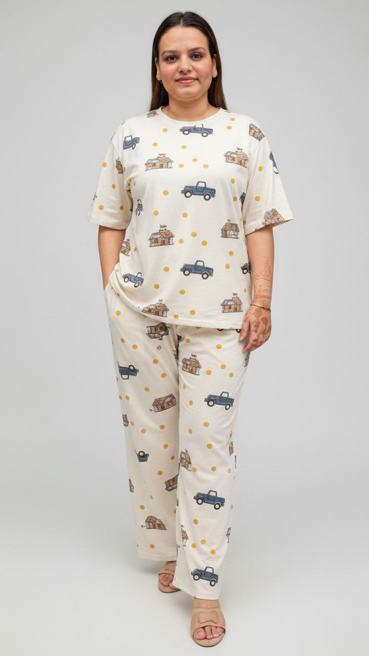 Night Suits By Aaka cotton hosiery coordset with tropical jeep print, round neck, half sleeves, and side pockets.