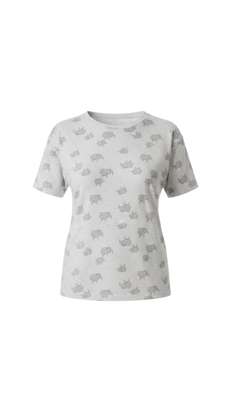 Night Suits By Aaka white cotton crew neck t-shirt with a playful grey elephant print for loungewear